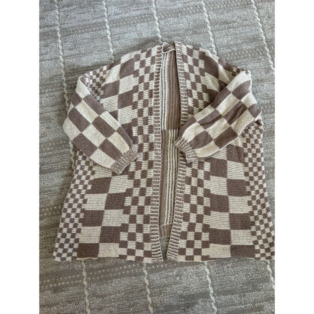Womens XL Brown Cream Checkered Cardigan Boho Grandpa Style Open Front Sweater